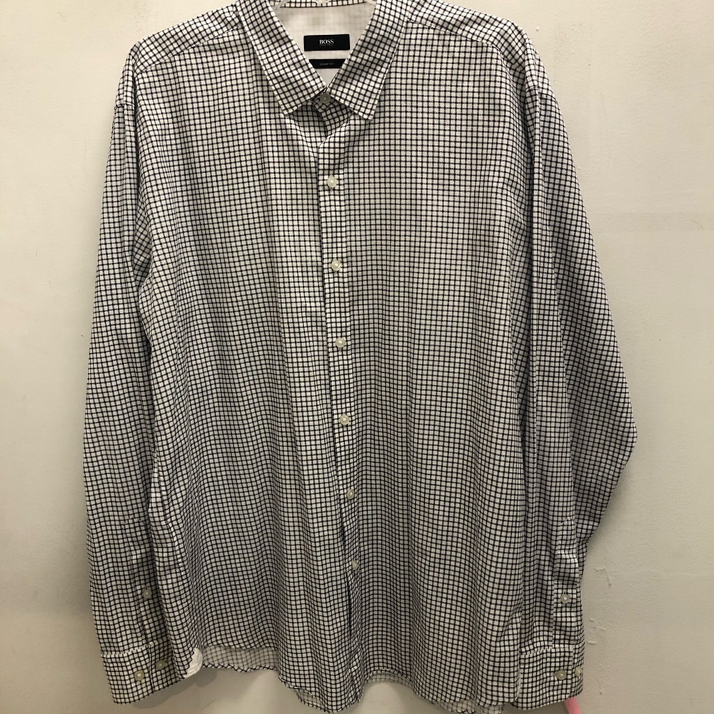 Boss Men’s Navy Blue & White Micro-Check Dress Shirt